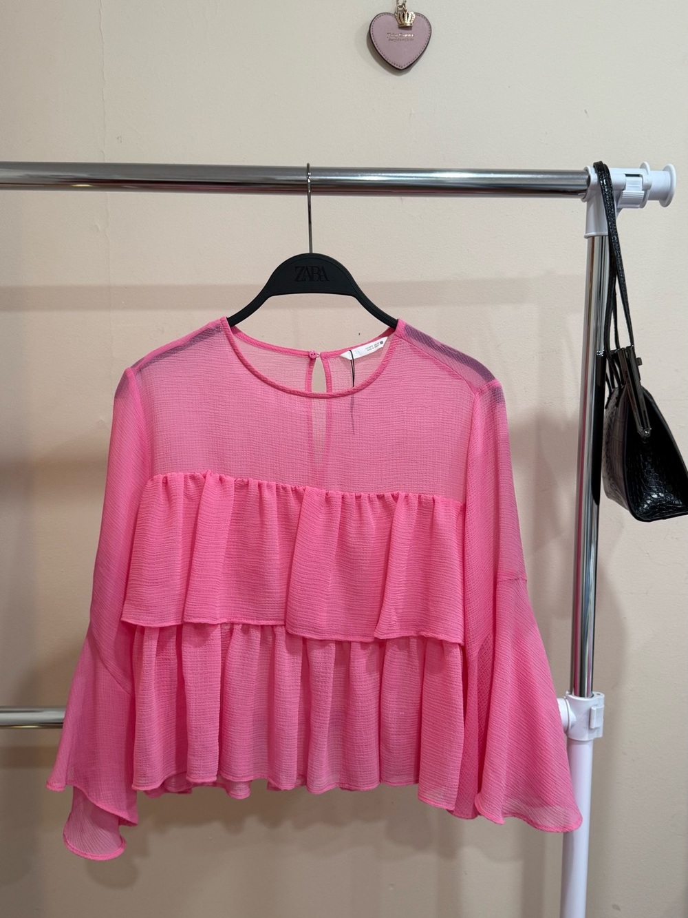 ZARA Pink Ruffle Blouse Sheer Bell Sleeve Top Size S